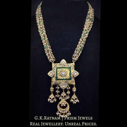 23k Gold and Diamond Polki fancy green Pendant with antiqued hyderabadi pearl chains - G. K. Ratnam