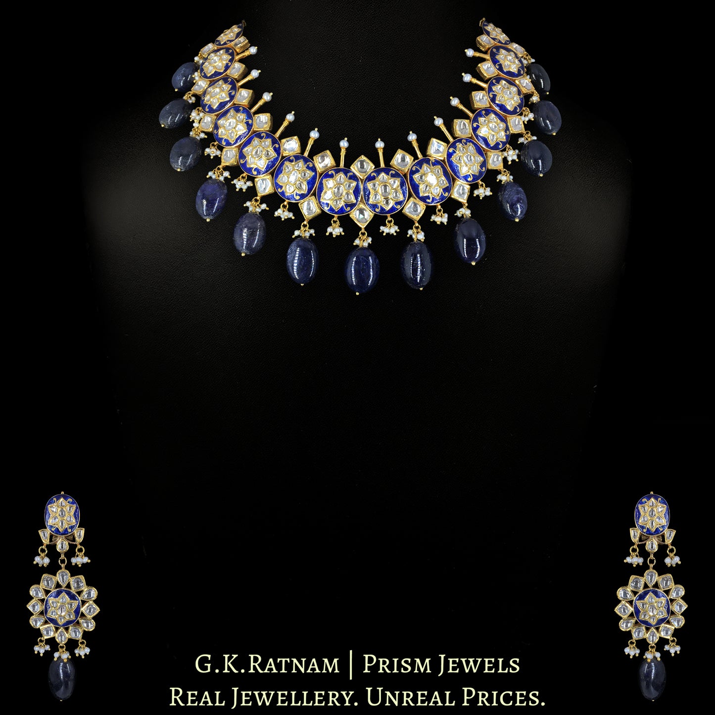 18k Gold and Diamond Polki Necklace Set with intricate Blue Pottery - G. K. Ratnam