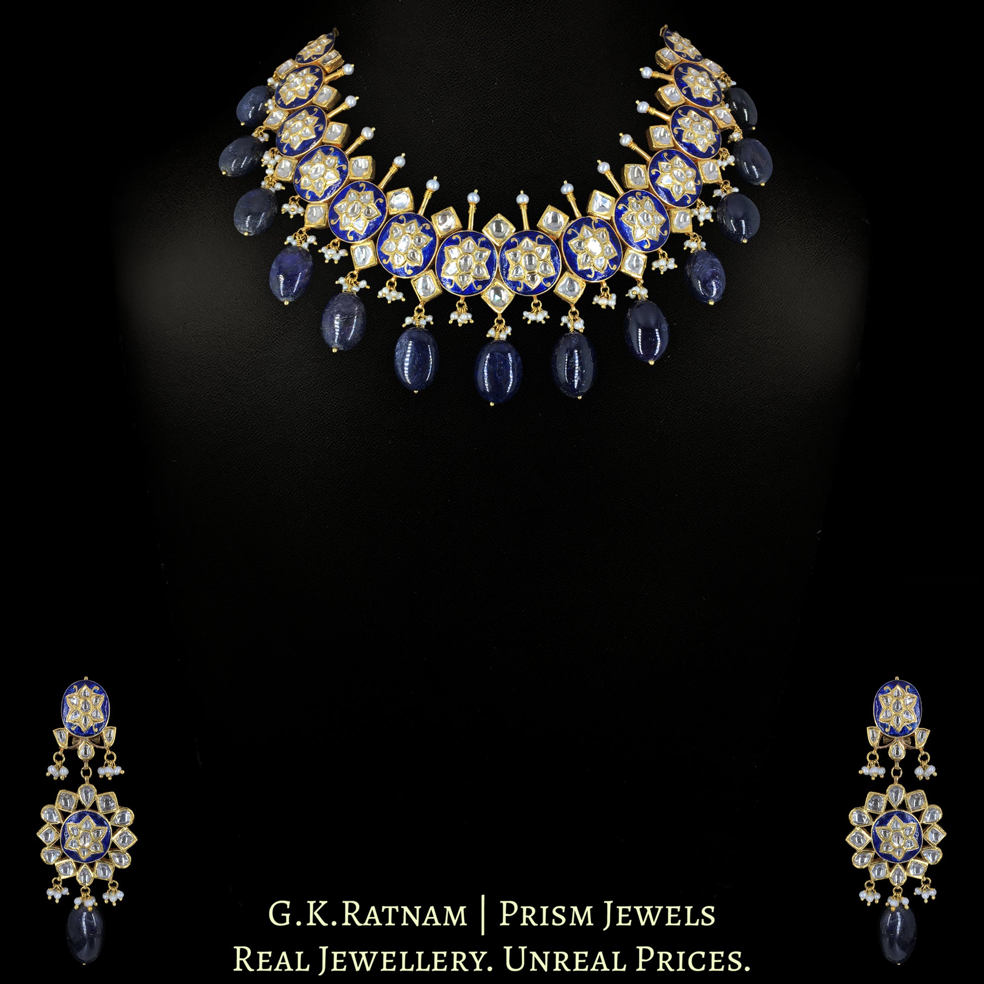 18k Gold and Diamond Polki Necklace Set with intricate Blue Pottery - G. K. Ratnam