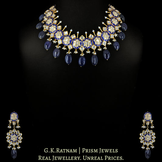 18k Gold and Diamond Polki Necklace Set with intricate Blue Pottery - G. K. Ratnam