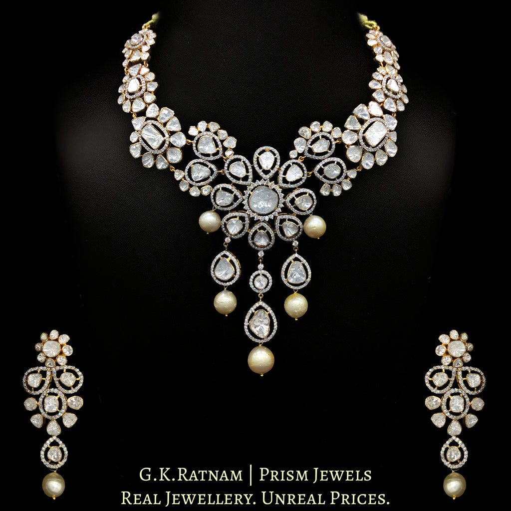 14K Gold and Diamond Polki Open Setting Necklace Set with Floral Motifs