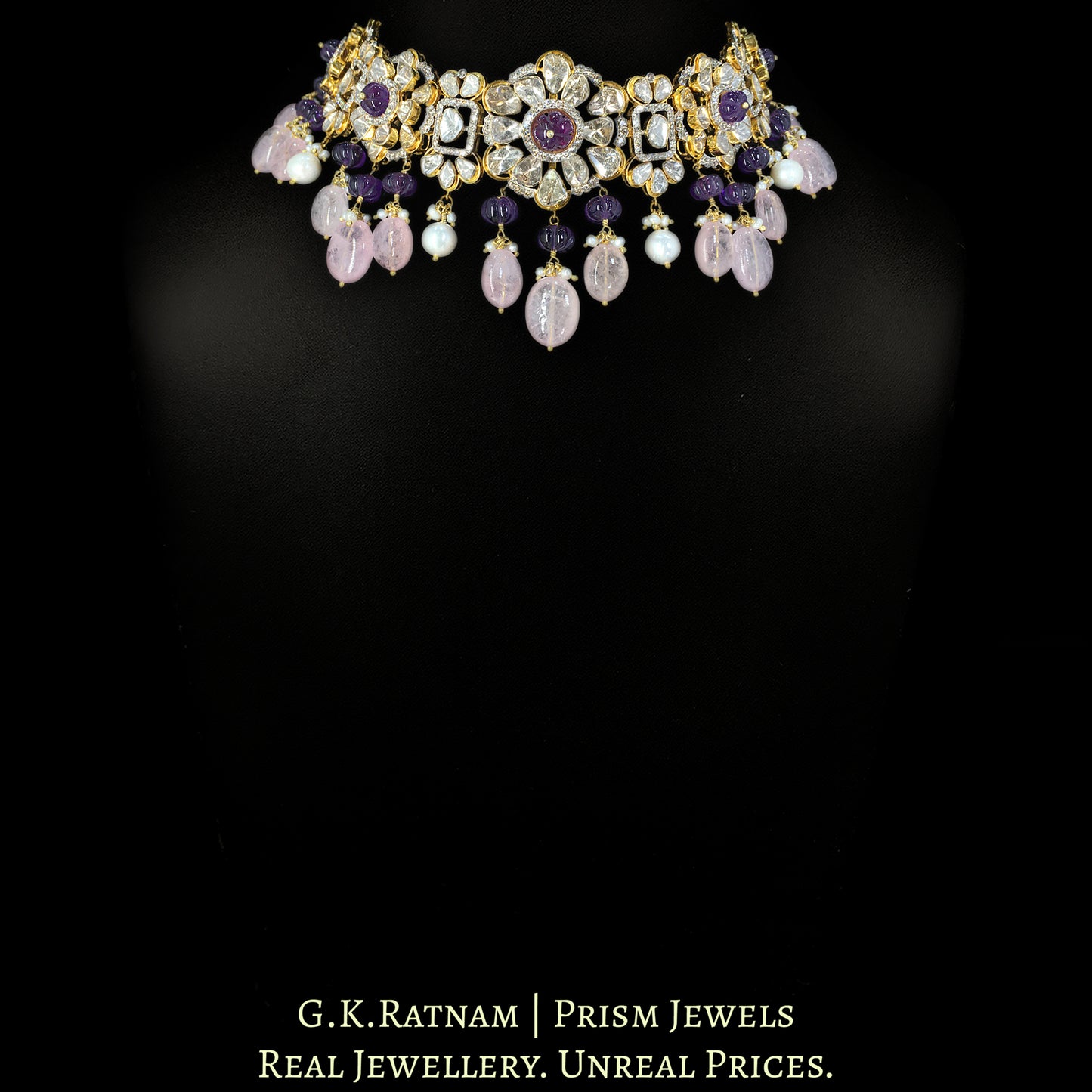 14k Gold and Diamond Polki Open Setting Choker Necklace Set with Rose Quartz and Amethysts
