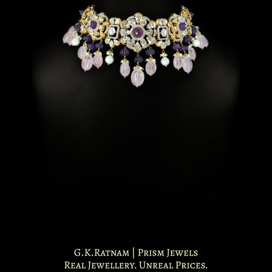 14k Gold and Diamond Polki Open Setting Choker Necklace Set with Rose Quartz and Amethysts