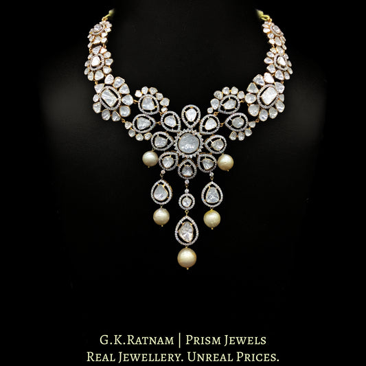 14K Gold and Diamond Polki Open Setting Necklace Set with Floral Motifs