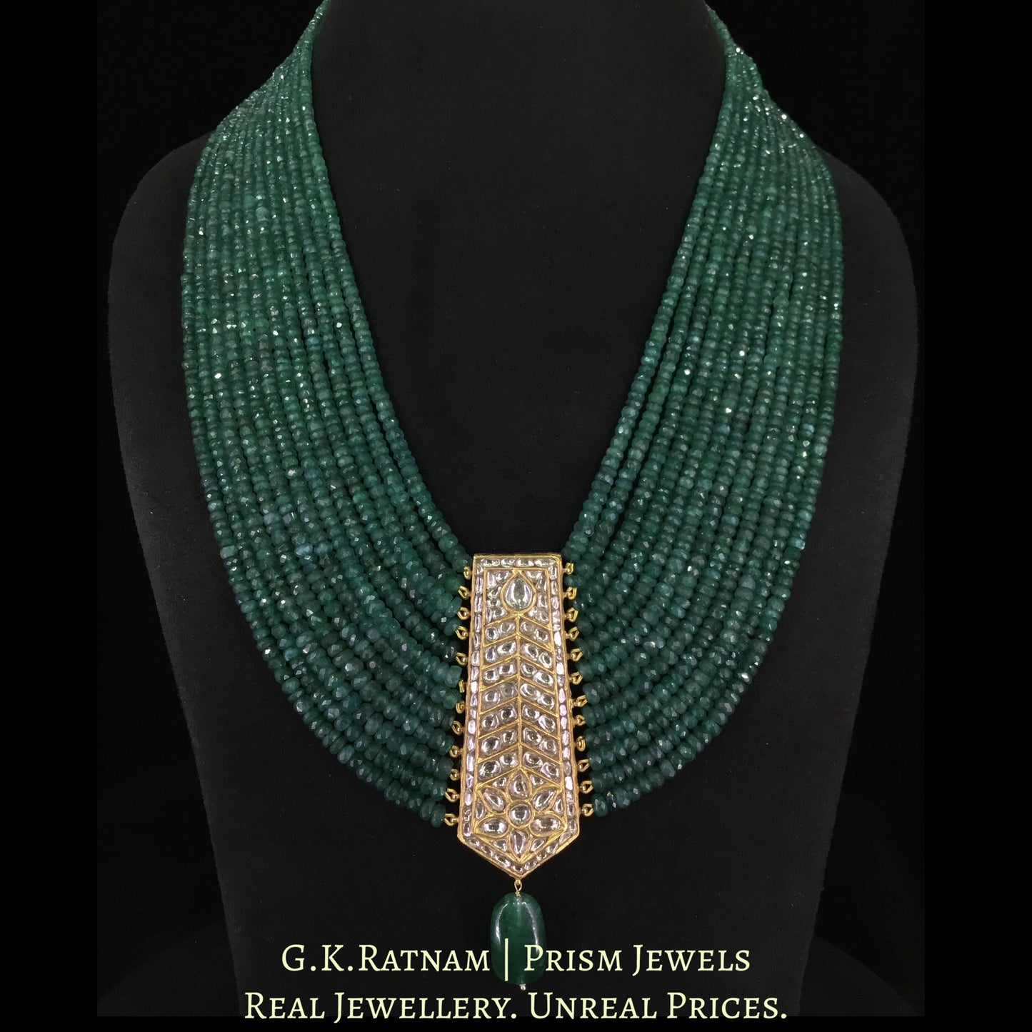 23k Gold and Diamond Polki tie-shaped Pendant with Green Beryls