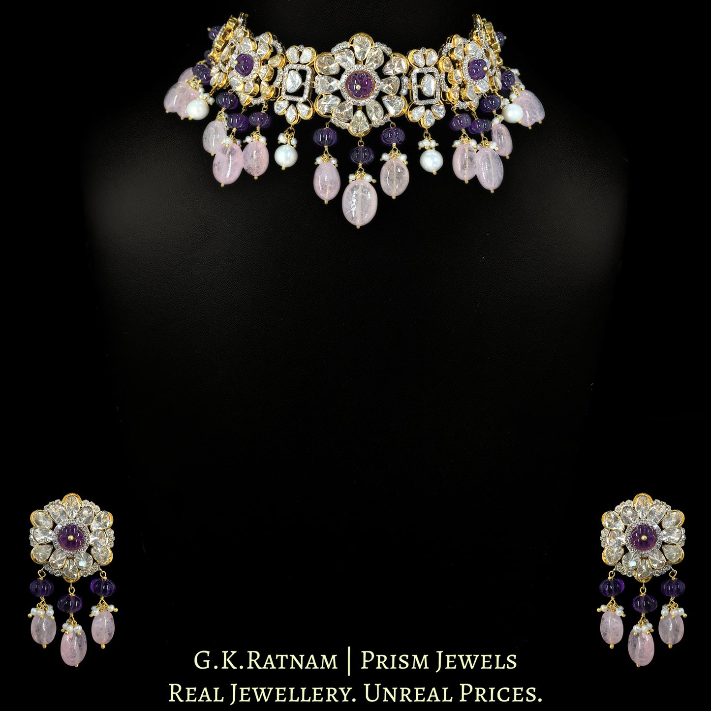 14k Gold and Diamond Polki Open Setting Choker Necklace Set with Rose Quartz and Amethysts