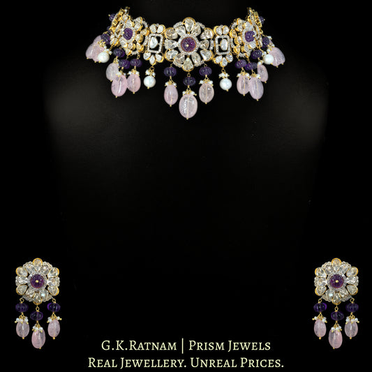 14k Gold and Diamond Polki Open Setting Choker Necklace Set with Rose Quartz and Amethysts