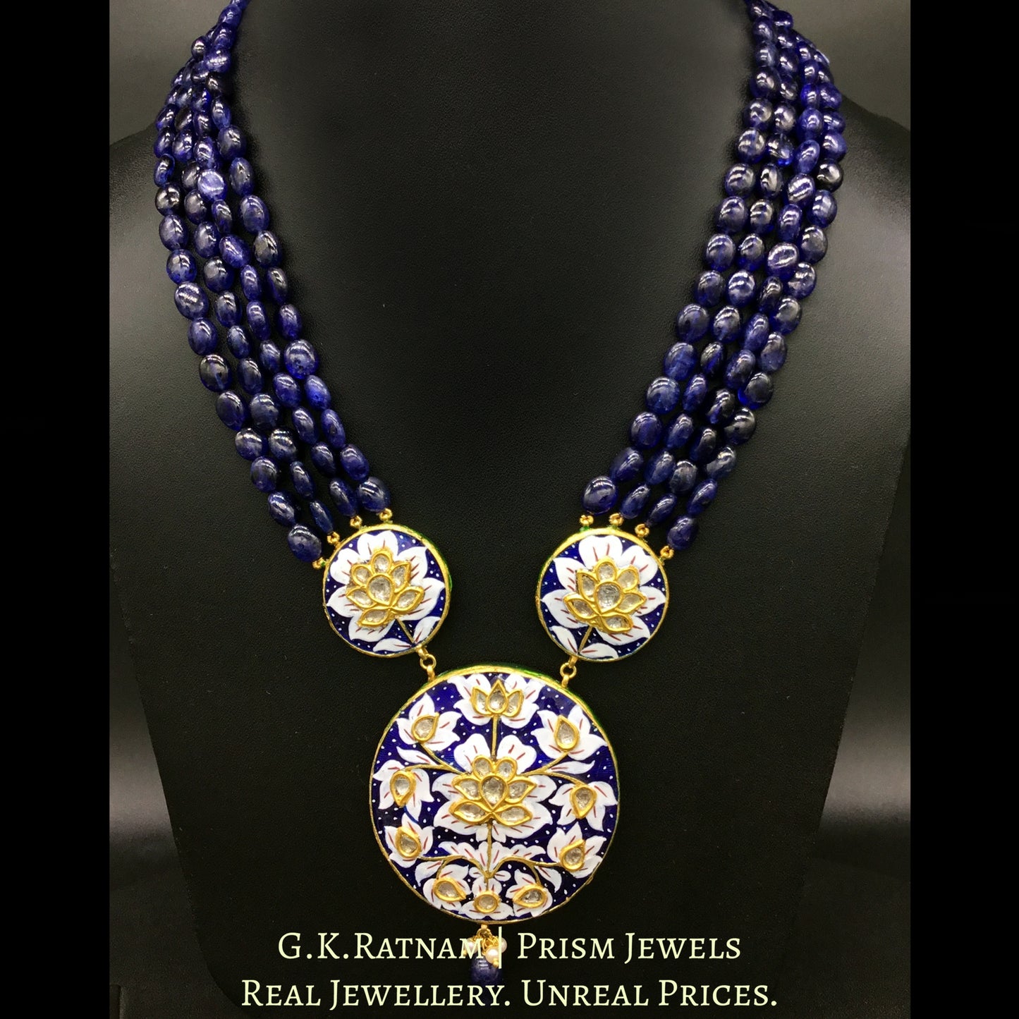 23k Gold and Diamond Polki Pendant with Blue and White Meenakari strung in Natural Blue Sapphires - G. K. Ratnam