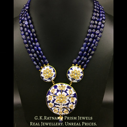 23k Gold and Diamond Polki Pendant with Blue and White Meenakari strung in Natural Blue Sapphires - G. K. Ratnam