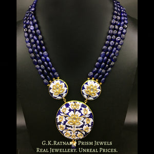 23k Gold and Diamond Polki Pendant with Blue and White Meenakari strung in Natural Blue Sapphires