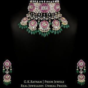 14k Gold and Diamond Polki Open Setting Choker Necklace Set with Rubies and emerald-grade Green Beryls