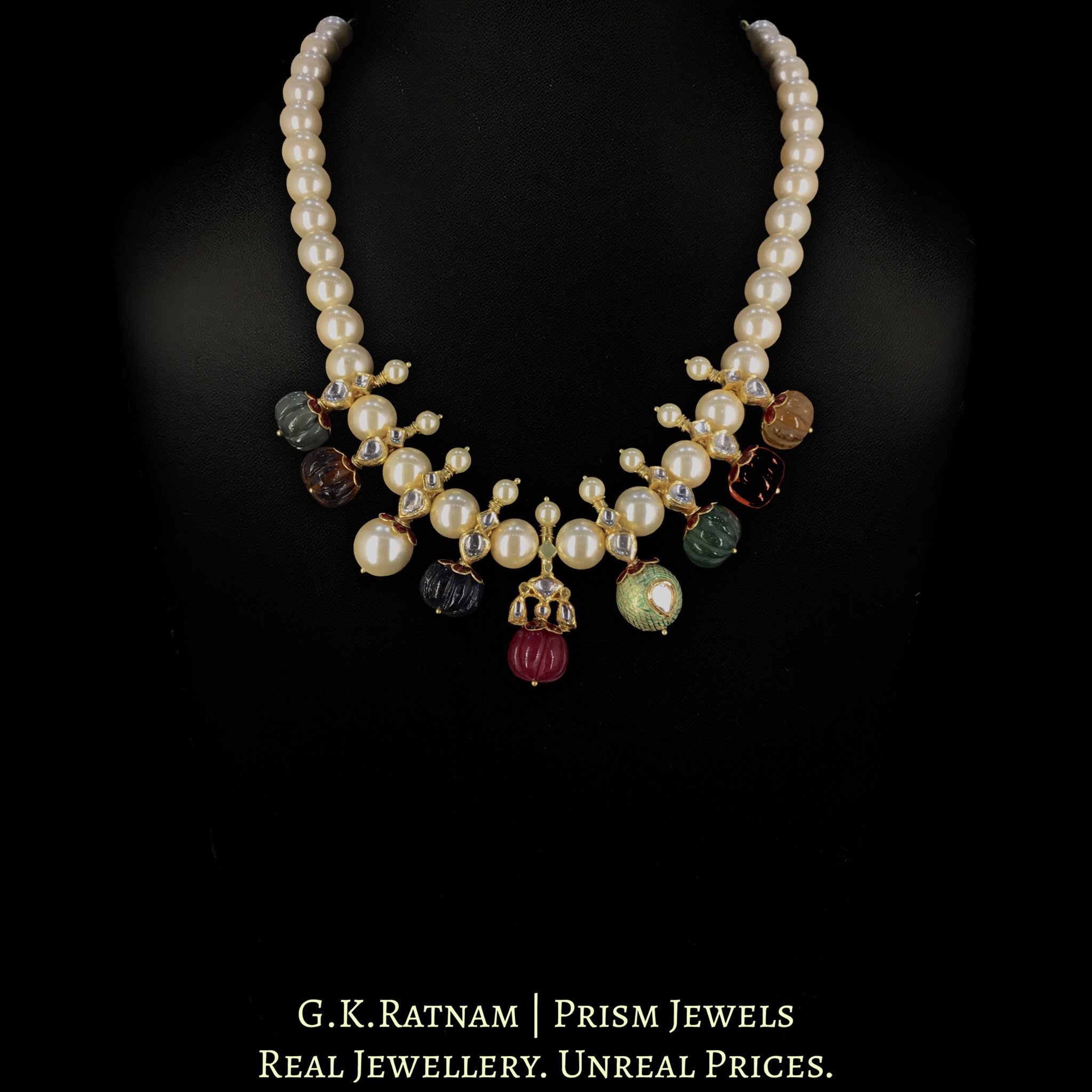 18k Gold and Diamond Polki Necklace Set With Navratna Melons And Pearls