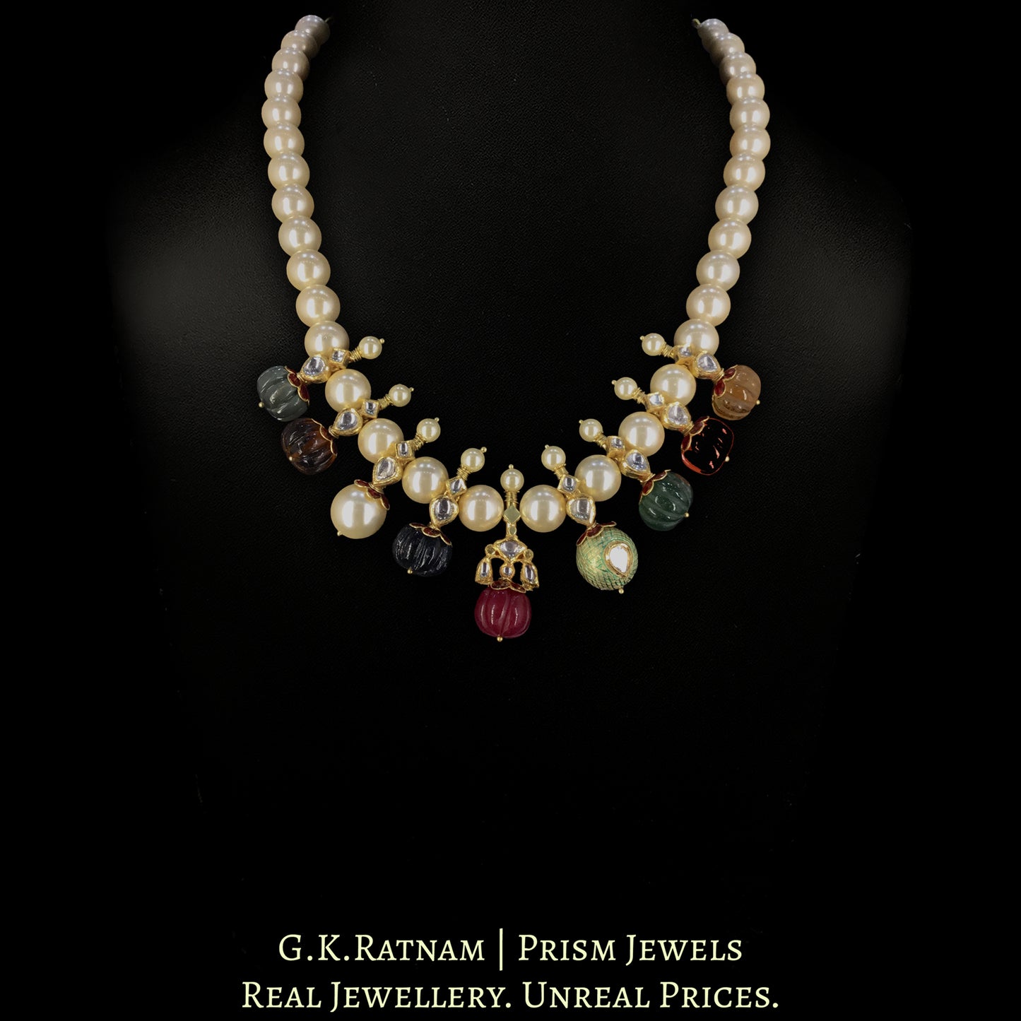 18k Gold and Diamond Polki Necklace Set With Navratna Melons And Pearls - G. K. Ratnam
