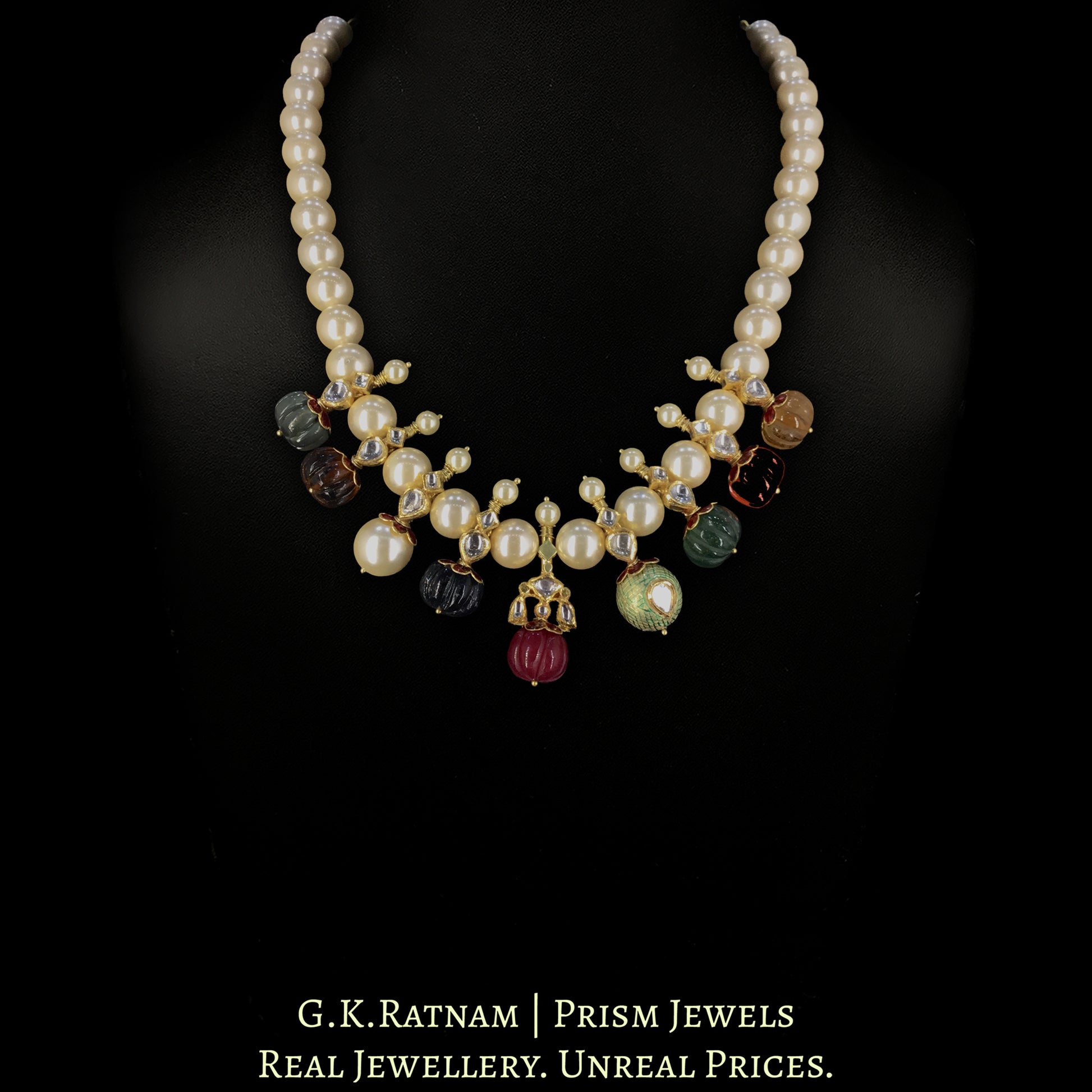 18k Gold and Diamond Polki Necklace Set With Navratna Melons And Pearls - G. K. Ratnam