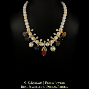 18k Gold and Diamond Polki Necklace Set With Navratna Melons And Pearls