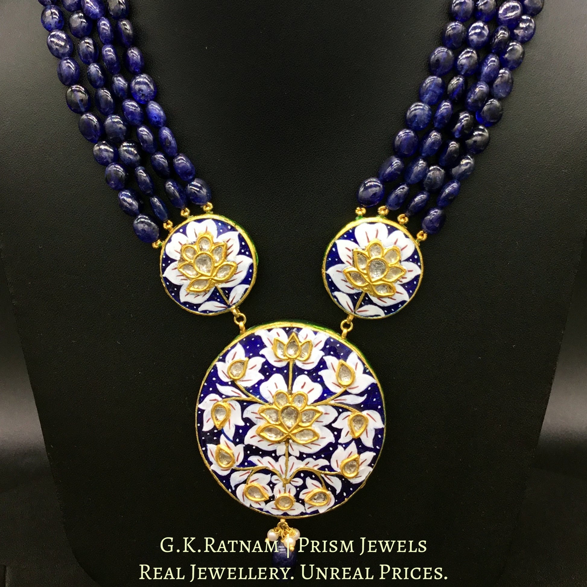 23k Gold and Diamond Polki Pendant with Blue and White Meenakari strung in Natural Blue Sapphires - G. K. Ratnam