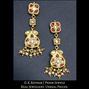23k Gold and Diamond Polki fancy red Pendant Set with antiqued hyderabadi pearl chains
