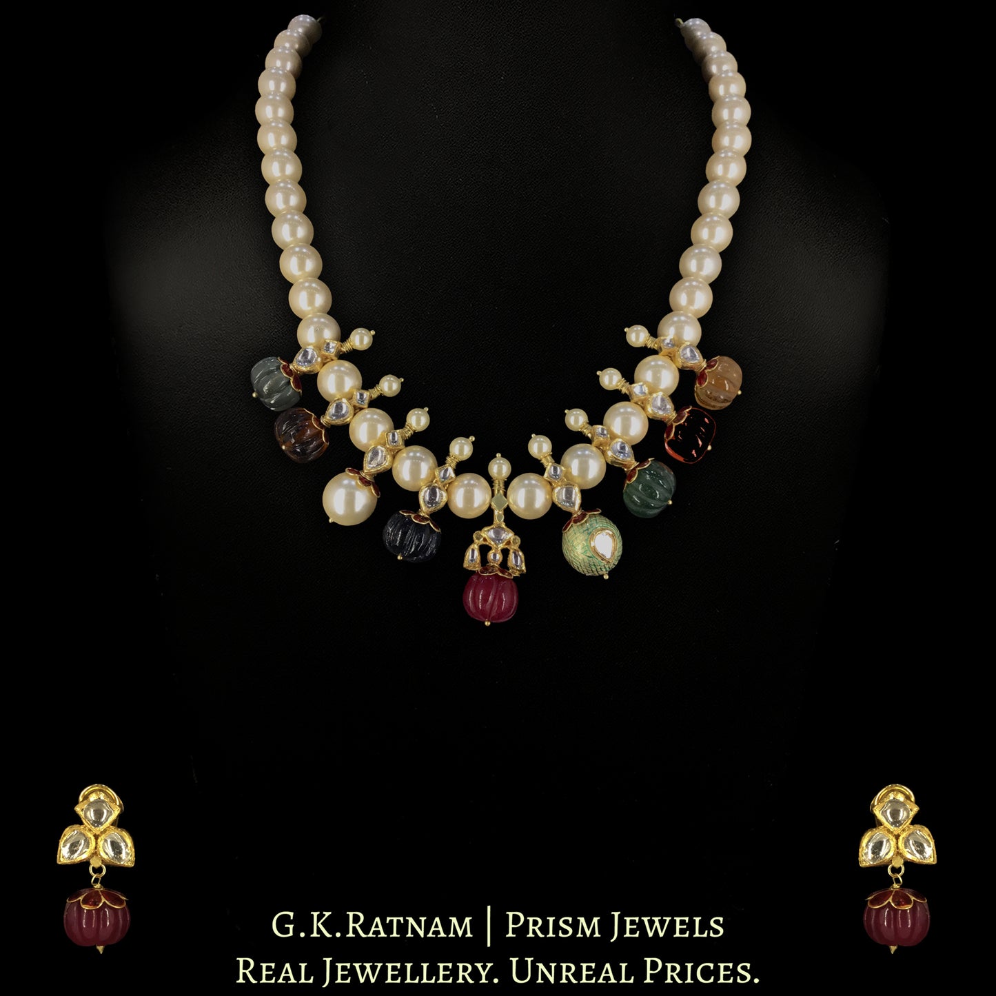 18k Gold and Diamond Polki Necklace Set With Navratna Melons And Pearls - G. K. Ratnam