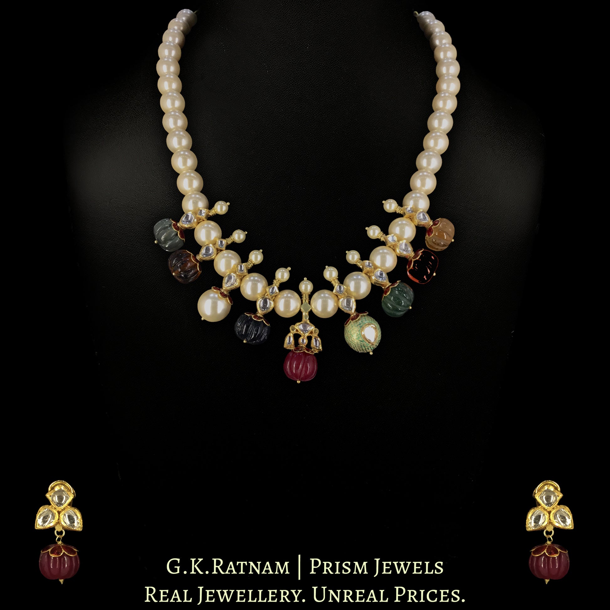 18k Gold and Diamond Polki Necklace Set With Navratna Melons And Pearls - G. K. Ratnam