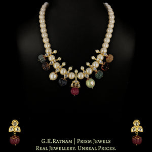 18k Gold and Diamond Polki Necklace Set With Navratna Melons And Pearls