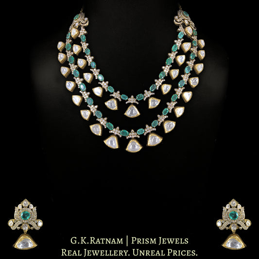 18k Gold and Diamond Polki Fusion two-row Necklace Set with Natural Emeralds in Victorian Finish