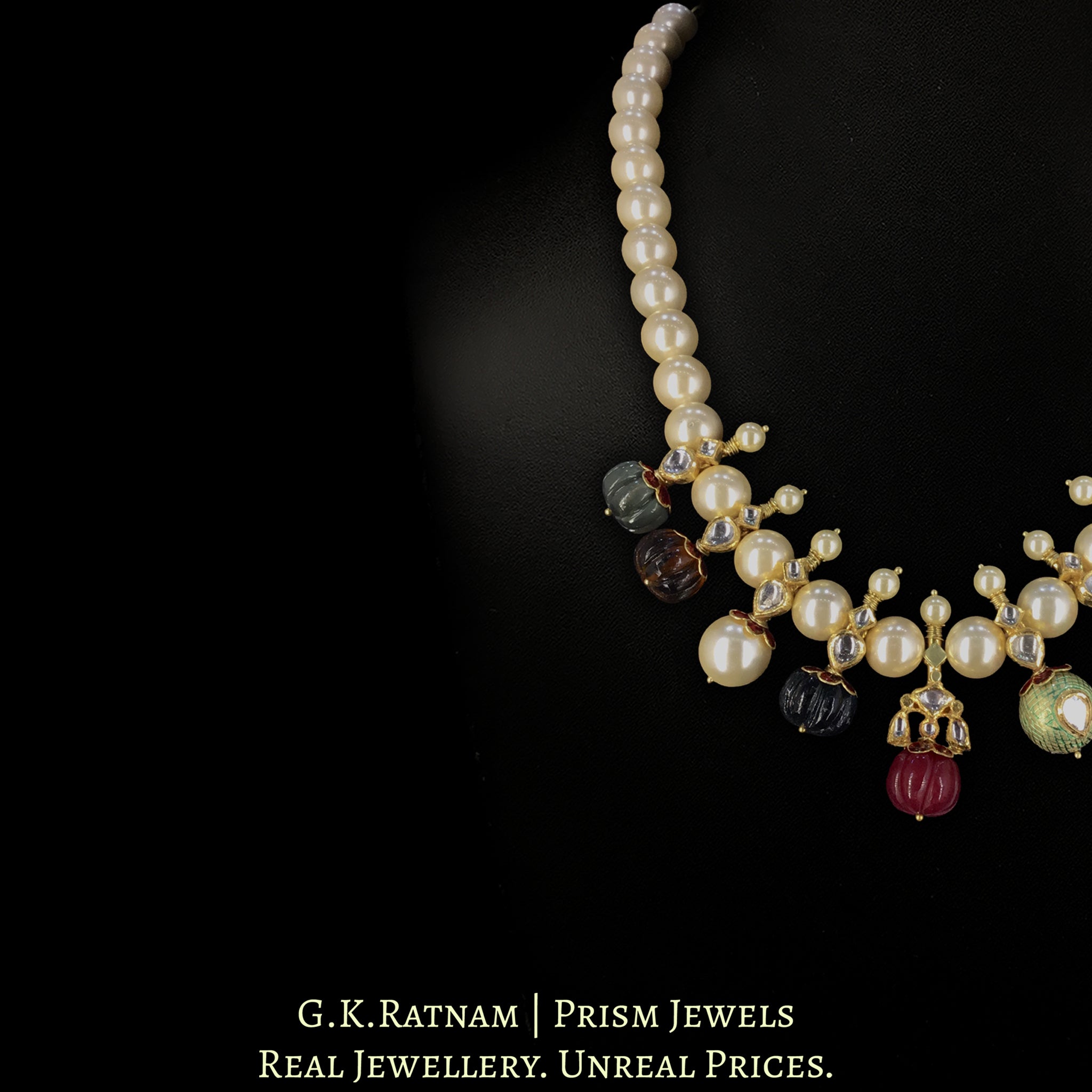 18k Gold and Diamond Polki Necklace Set With Navratna Melons And Pearls