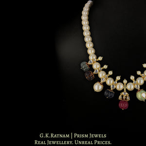 18k Gold and Diamond Polki Necklace Set With Navratna Melons And Pearls