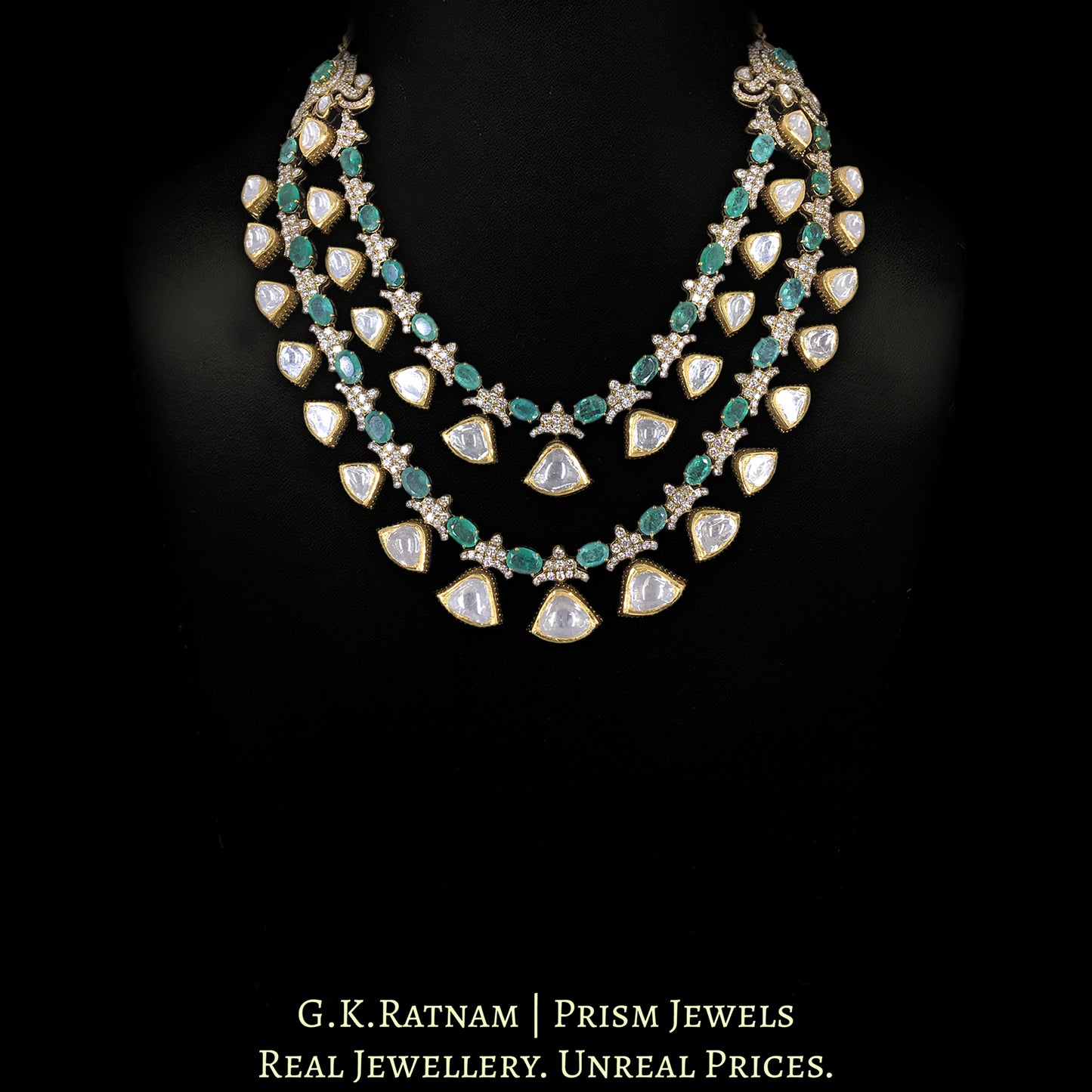 18k Gold and Diamond Polki Fusion two-row Necklace Set with Natural Emeralds in Victorian Finish