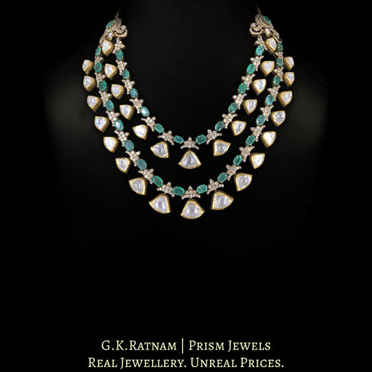 18k Gold and Diamond Polki Fusion two-row Necklace Set with Natural Emeralds in Victorian Finish