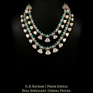 18k Gold and Diamond Polki Fusion two-row Necklace Set with Natural Emeralds in Victorian Finish