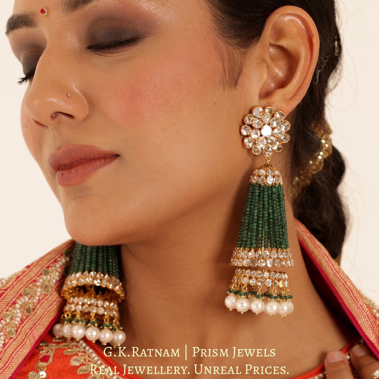 14K Gold and Diamond Polki Open Setting three-tiered Jhumki Earrings