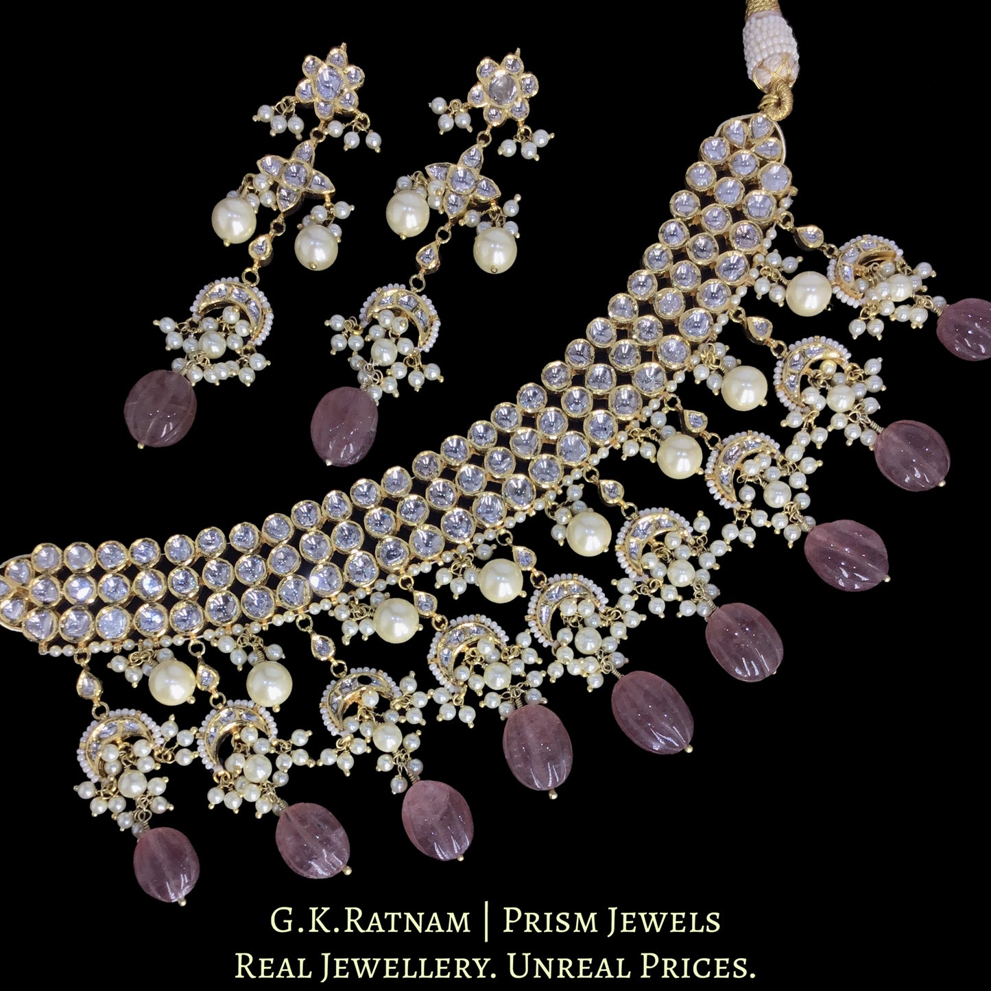 18k Gold and Diamond Polki Choker Necklace Set with inverted crescents motifs enhanced by hand-carved Strawberry Quartz Melons and Pearls