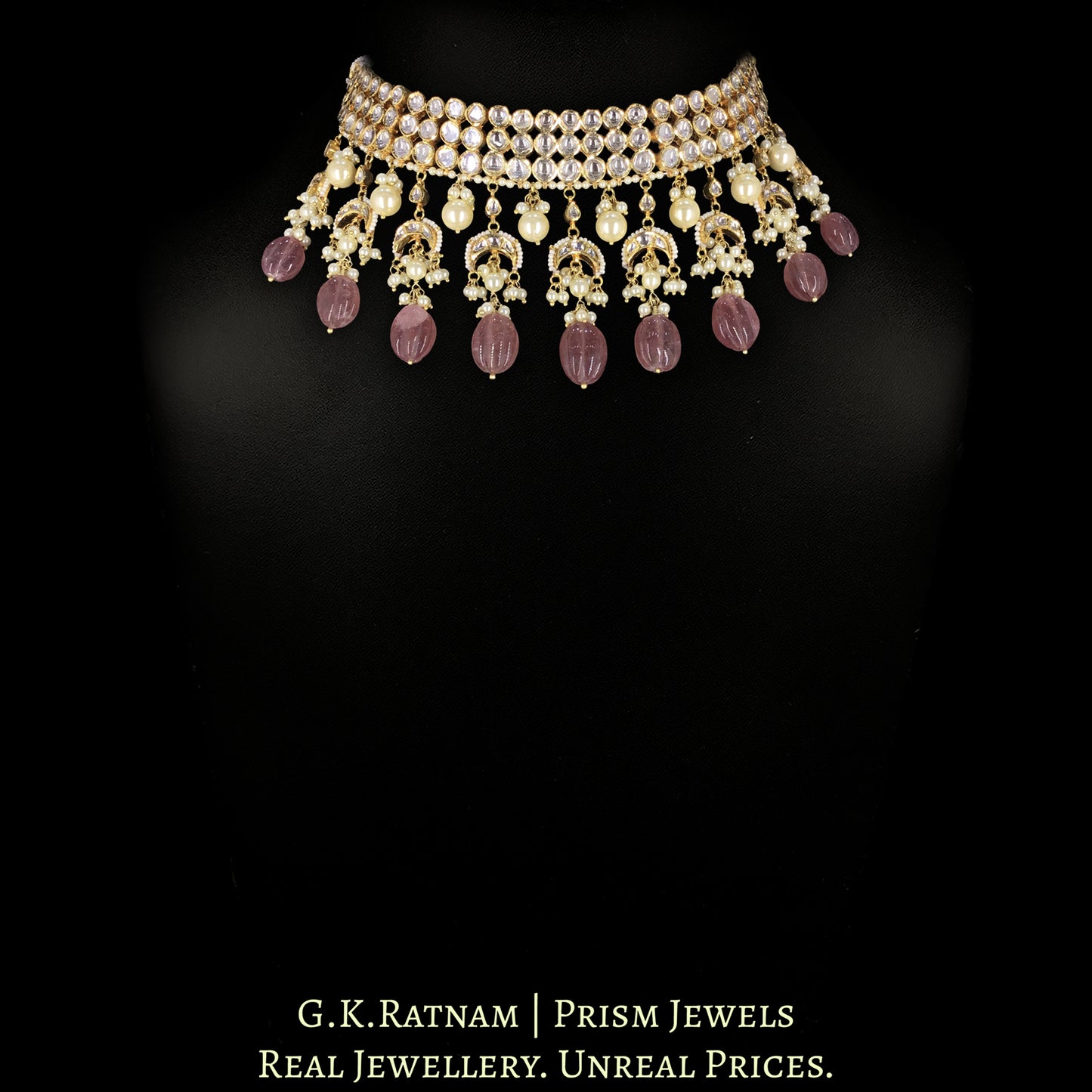 18k Gold and Diamond Polki Choker Necklace Set with inverted crescents motifs enhanced by hand-carved Strawberry Quartz Melons and Pearls