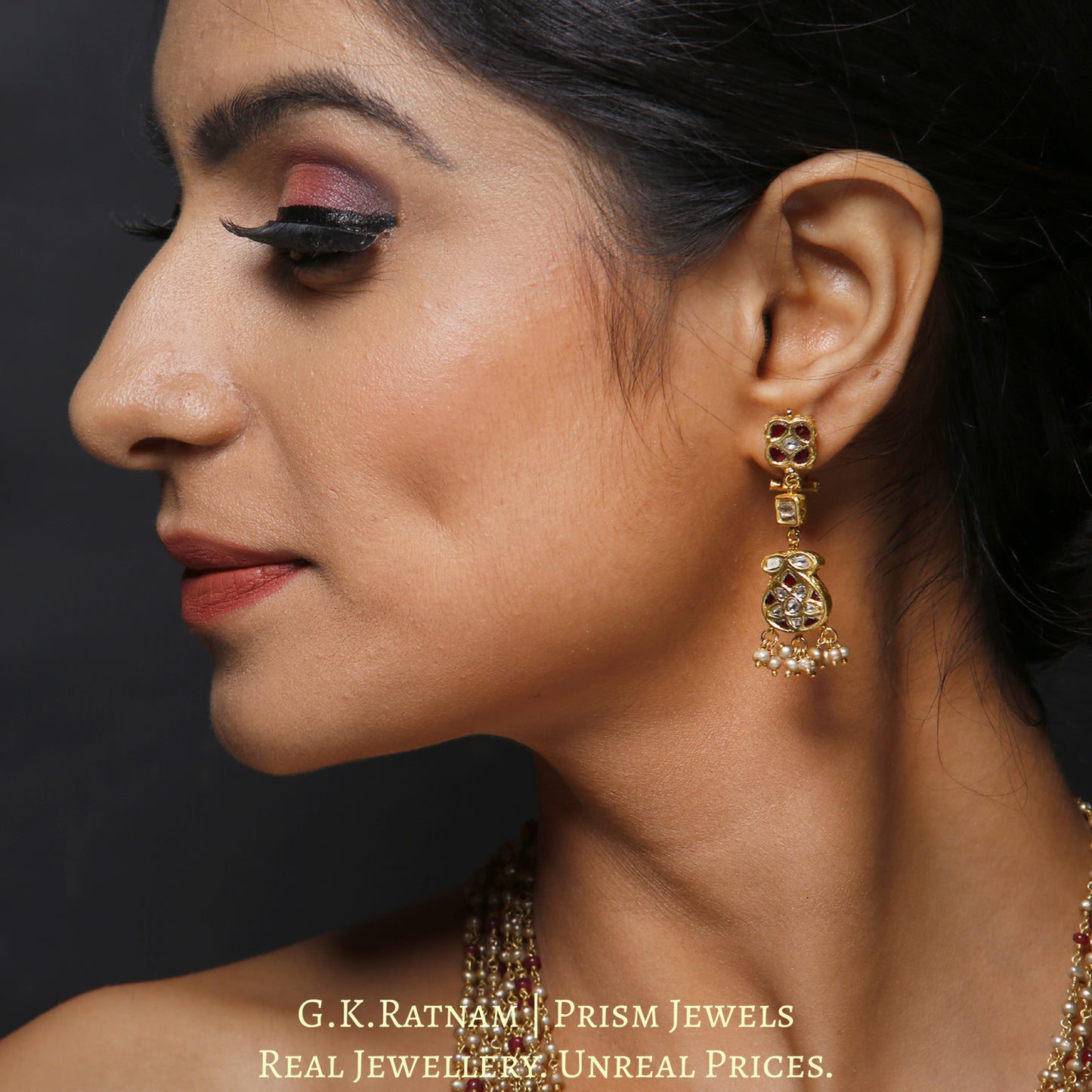 23k Gold and Diamond Polki fancy red Pendant Set with antiqued hyderabadi pearl chains