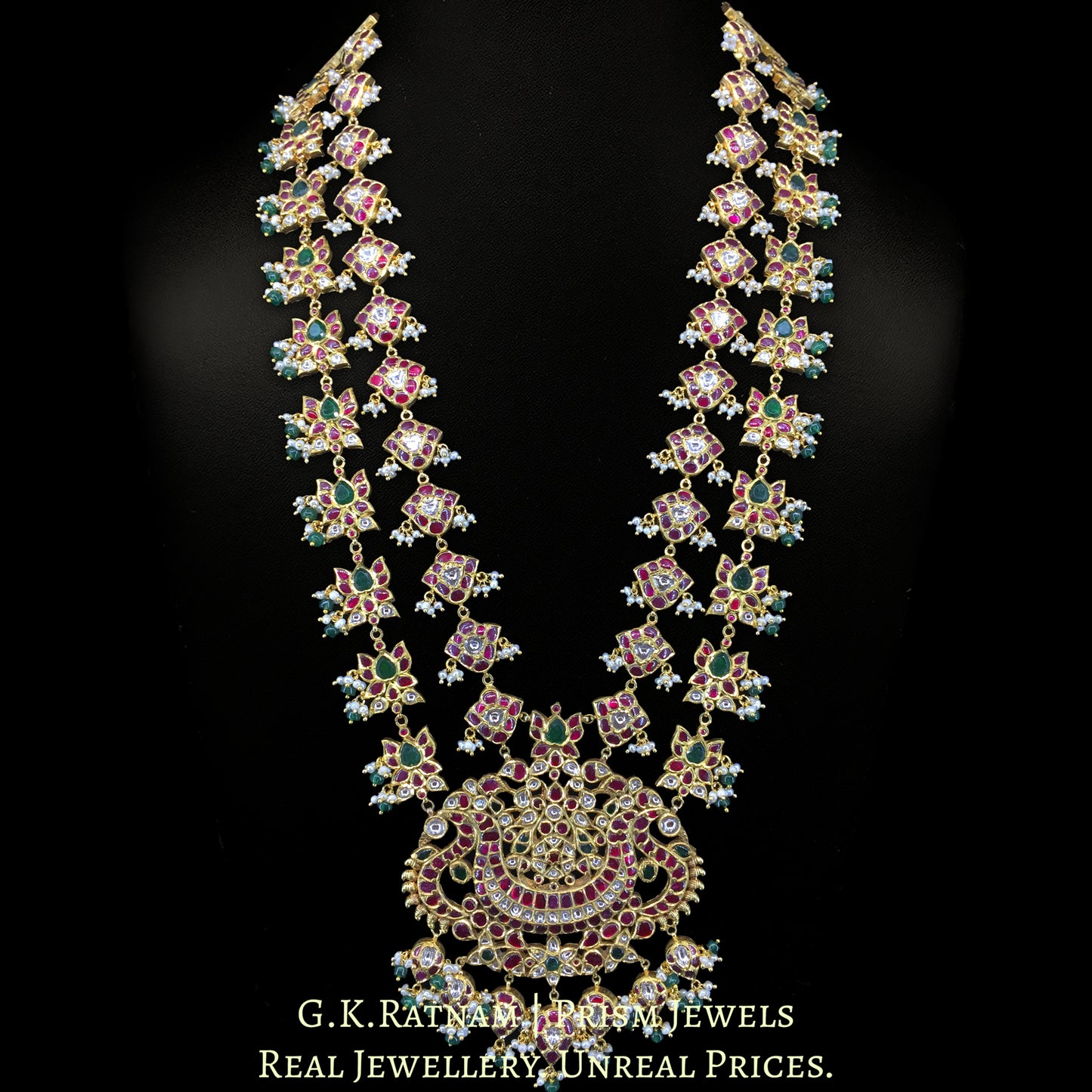 14k Gold and Diamond Polki south-style Long Haram Necklace with Natural Freshwater Pearls