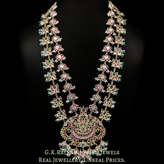 14k Gold and Diamond Polki south-style Long Haram Necklace with Natural Freshwater Pearls