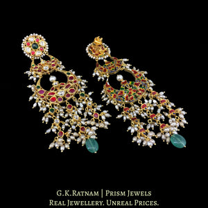 18k Gold and Diamond Polki Chand Bali Earring Pair with Antiqued Freshwater Pearls