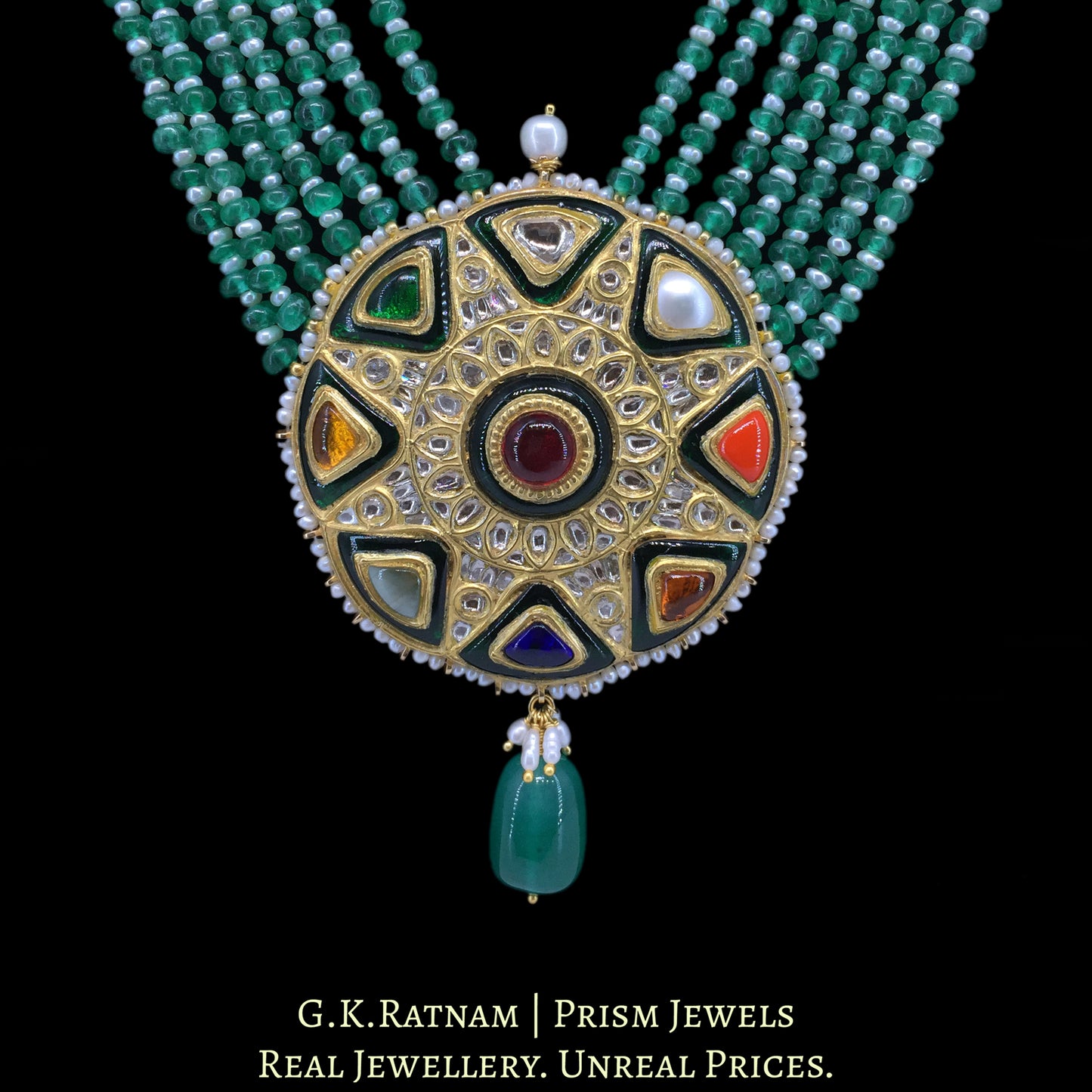 23k Gold and Diamond Polki Navratna Pendant Set with Green Strawberry Quartz
