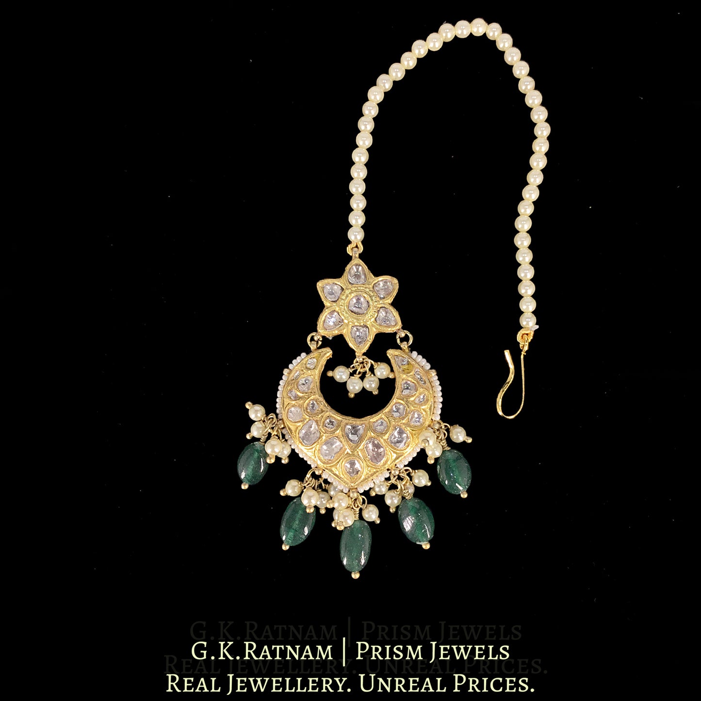 23k Gold and Diamond Polki Maang Tika Strung In Pearls and Green Strawberry Quartz