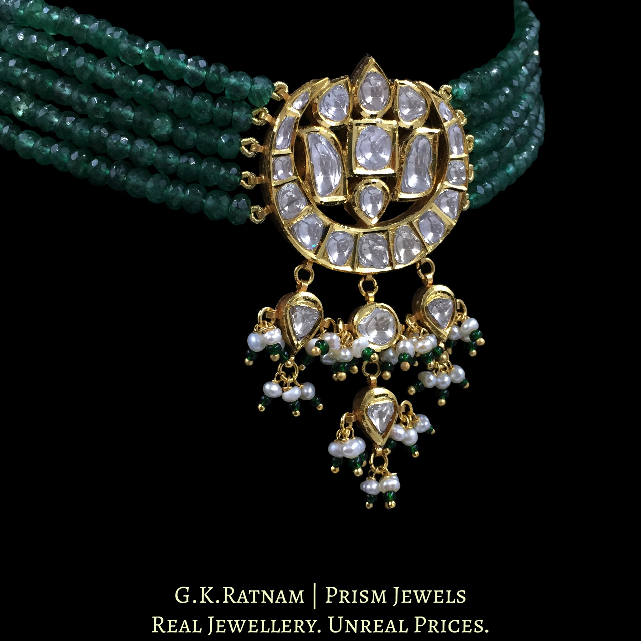 18k Gold and Diamond Polki Choker Necklace enhanced with emerald-green Strawberry Quartz