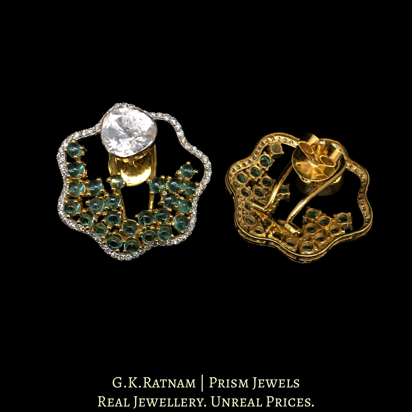 14k Gold and Diamond Polki Open Setting Karnfool Earring Pair - G. K. Ratnam