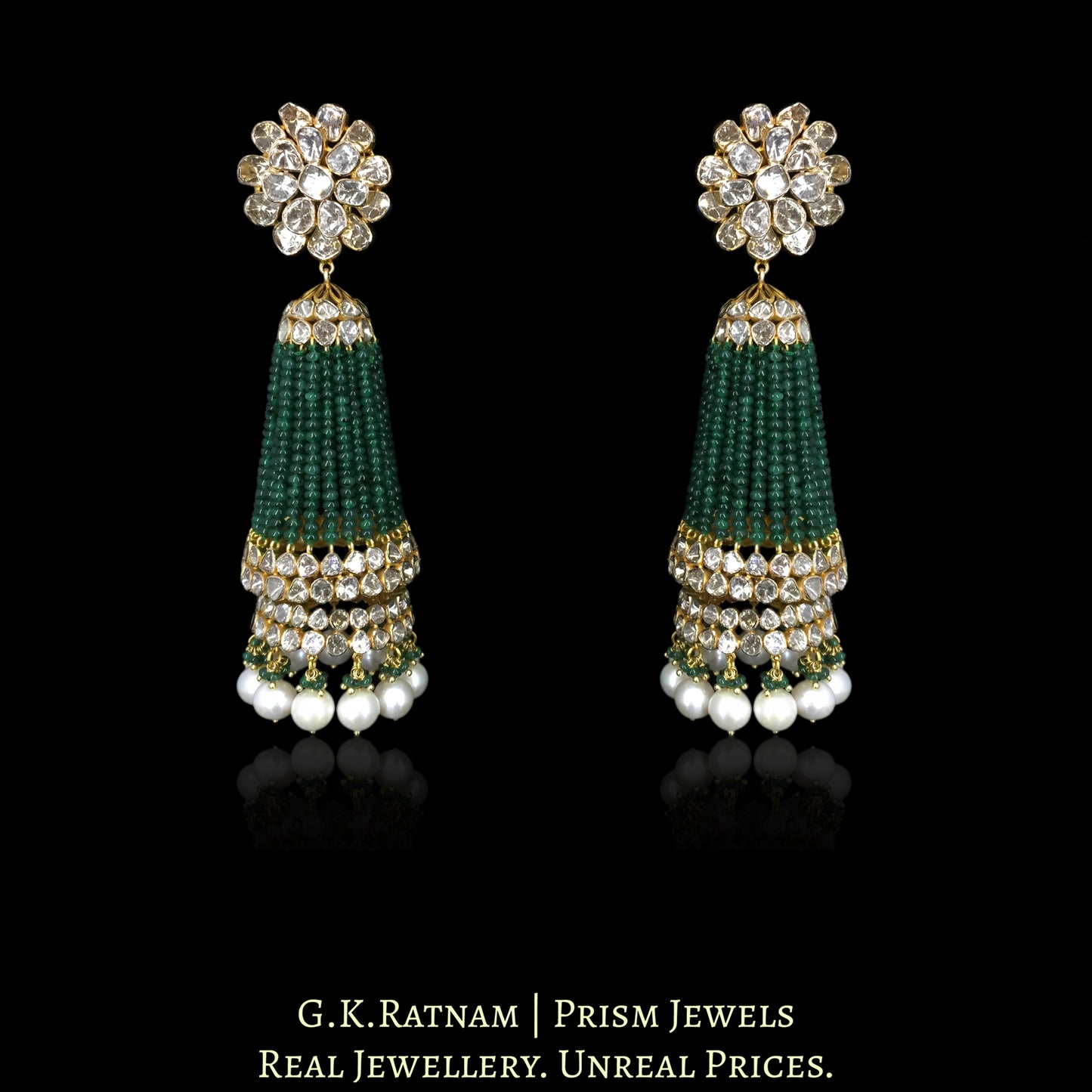 14K Gold and Diamond Polki Open Setting three-tiered Jhumki Earrings