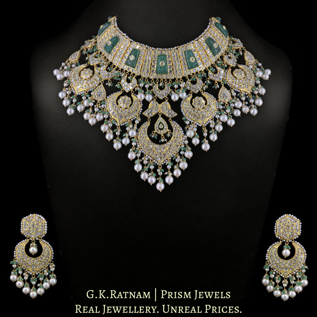 23k Gold and Diamond Polki Bridal Necklace Set with carved emerald-like Strawberry Quartz