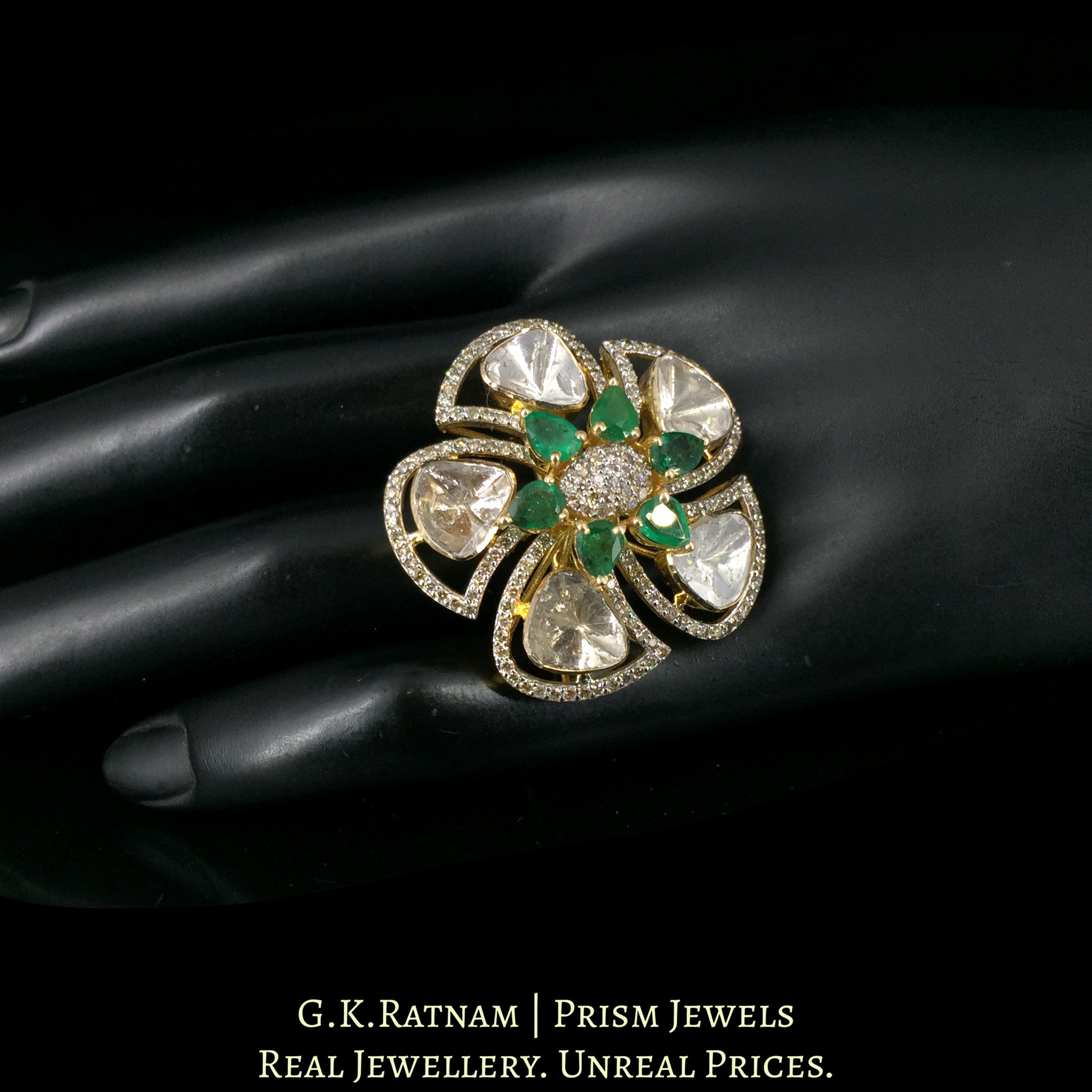 14k Gold and Diamond Polki Open Setting floral Ring with Natural Emeralds - G. K. Ratnam