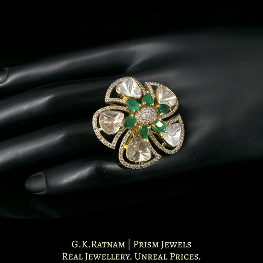 14k Gold and Diamond Polki Open Setting floral Ring with Natural Emeralds - G. K. Ratnam