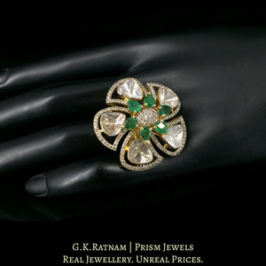 14k Gold and Diamond Polki Open Setting floral Ring with Natural Emeralds