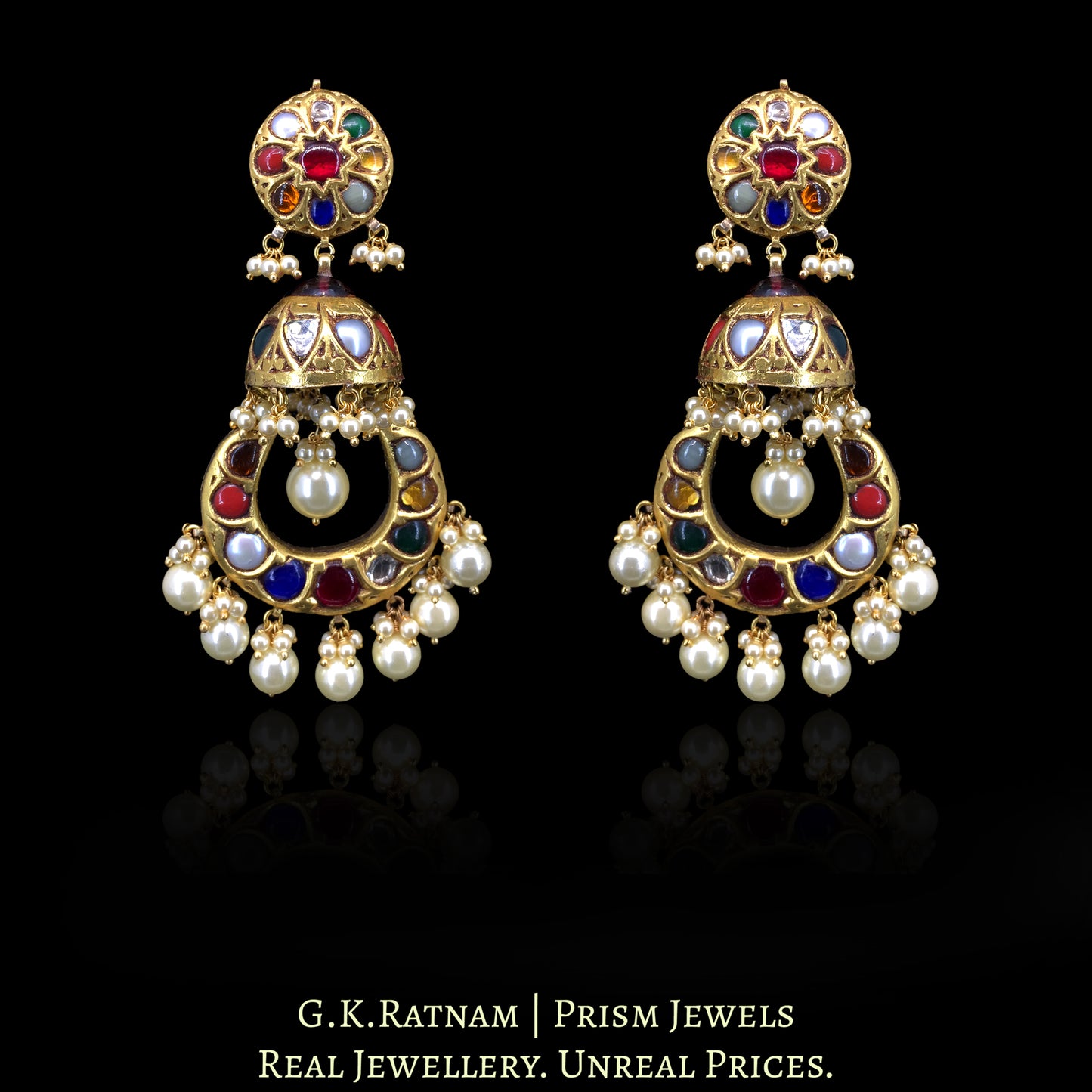 23k Gold and Diamond Polki Navratna Chand Bali with Jhumkis