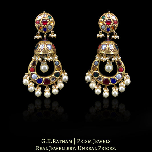 23k Gold and Diamond Polki Navratna Chand Bali with Jhumkis - G. K. Ratnam