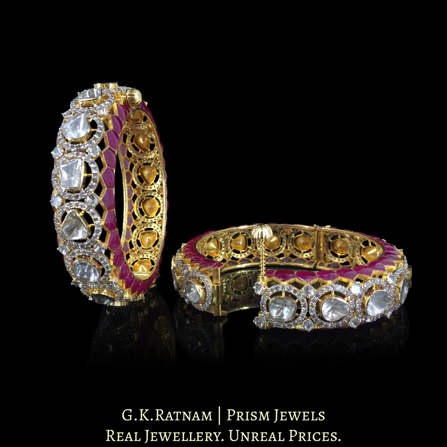 18k Gold and Diamond Polki Open Setting Bangle Pair