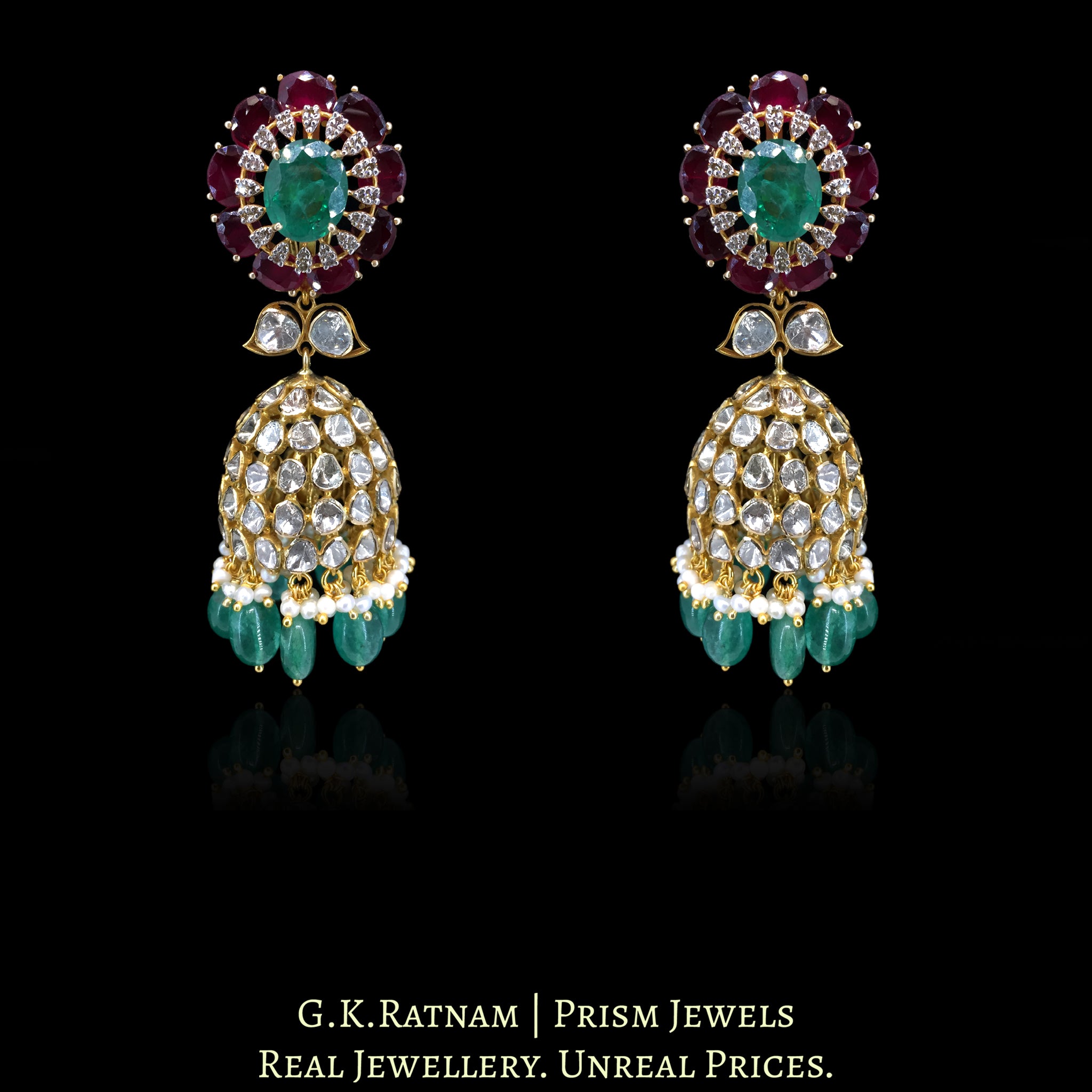14k Gold and Diamond Polki Open Setting Jhumki Earring Pair with Lab-Grown Emerald